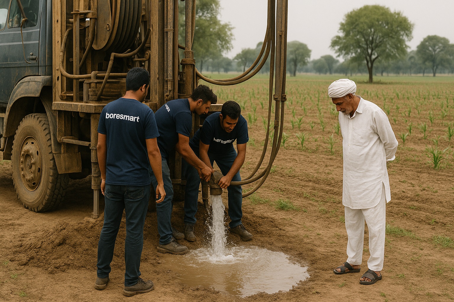 Boresmart टीम खेत में बोरवेल टेस्ट करती हुई